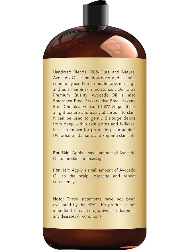Handcraft Blends Avocado Oil - Cold-Pressed 28 Fl Oz - 100% Pure and Natural - Premium Grade Carrier Oil for Skin and Hair - Hair and Body - Massage - Hexane-Free