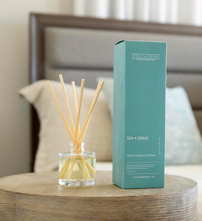 Field + Fleur - Reed Diffuser Set - Home Fragrance Diffuser - Refresh Home, Bedrooms, Bathrooms & More - Notes of Blackcurrant, Jasmine & Sandalwood - Made in the USA - Sea Grass Scent - 4 oz