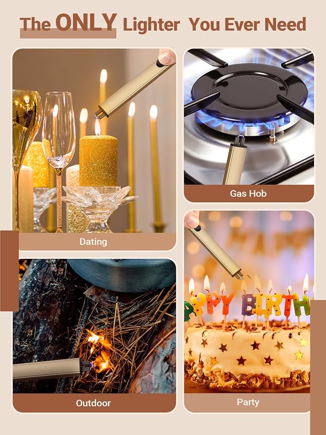 Candle Lighter Stocking Stuffers for Women Men, Electric Candle Lighter USB Rechargeable Graduation Gifts for Wife Girlfriend Safety Lock Long Lighters for Grill Kitchen BBQ Camping,Champagne Gold