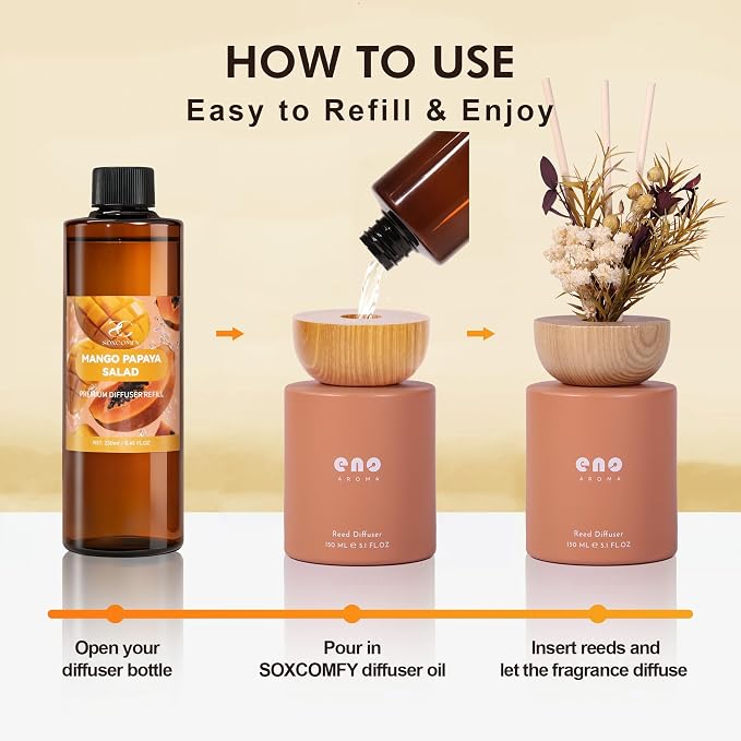 Diffuser Oil Refill, 250ml / 8.45 fl oz, Mango Papaya Salad - Reed Diffuser Oil Refill for Home Fragrance, Scented Oil for Reed Diffuser Bottles, Citrus, Mango & Melon Notes