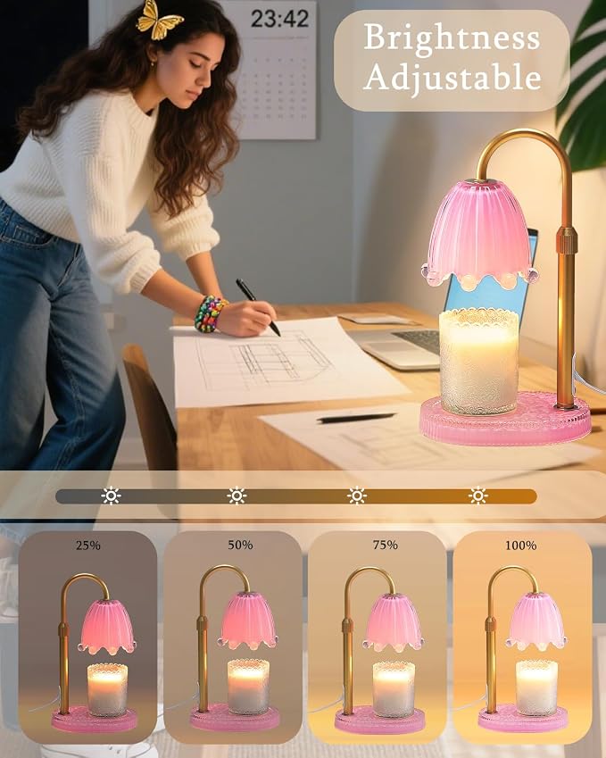 Flower Candle Warmer Lamp with Timer, Vintage Adjustable Glass Warmer Light for Jar Candles, Electric Wax Warming Melter, Gifts for Women Mom, Bedroom Decor (Pink-Flower)