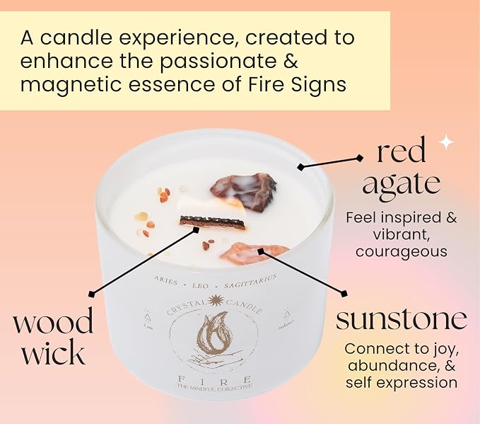 Aries, Leo, Sagittarius Gifts for Women - 12oz Wood Wick Candles that Crackle with Crystals and Healing Stones. Healing Crystal Candles for Women Home Scented. Soy Wax, for Zodiac Birthdate