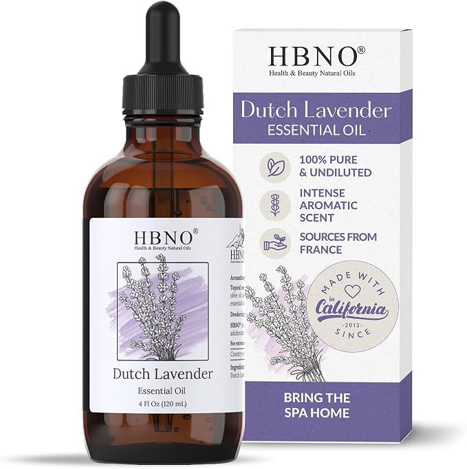 HBNO California Bottled Dutch Lavender Essential Oil 4 fl oz (120ml) - Natural Lavender Oil for Skin, Perfect for Cleaning, Aromatherapy, DIY & Diffuser