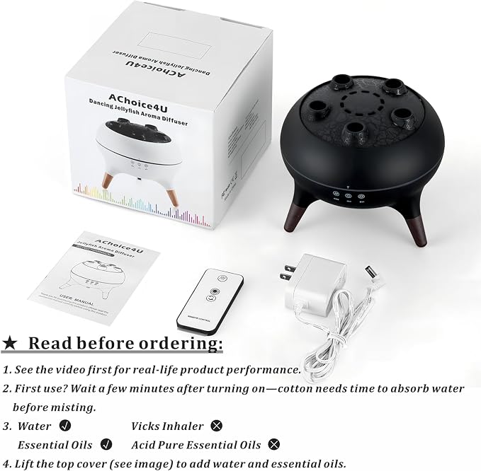 Essential Oil Diffuser 250ML Dancing Jellyfish Aromatherapy Diffuser Humidifier with 7 Colors LED Lights,Remote Control,Plug in for Bedroom,Office (Black)
