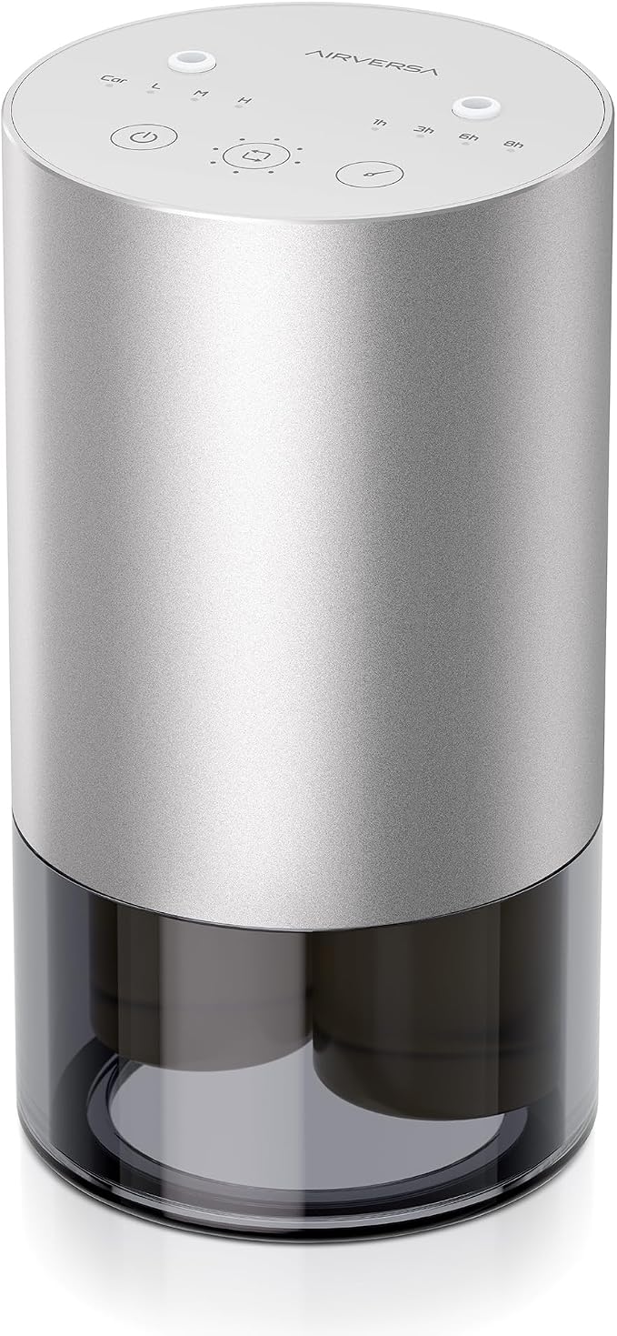 Airversa Dual-Nozzle Waterless Essential Oil Diffuser for Home Rechargeable Scent Diffusers with 5 Timer Settings, 4 Mist Levels with Vehicle Mode for Car Room Studio Office, Silver Metal
