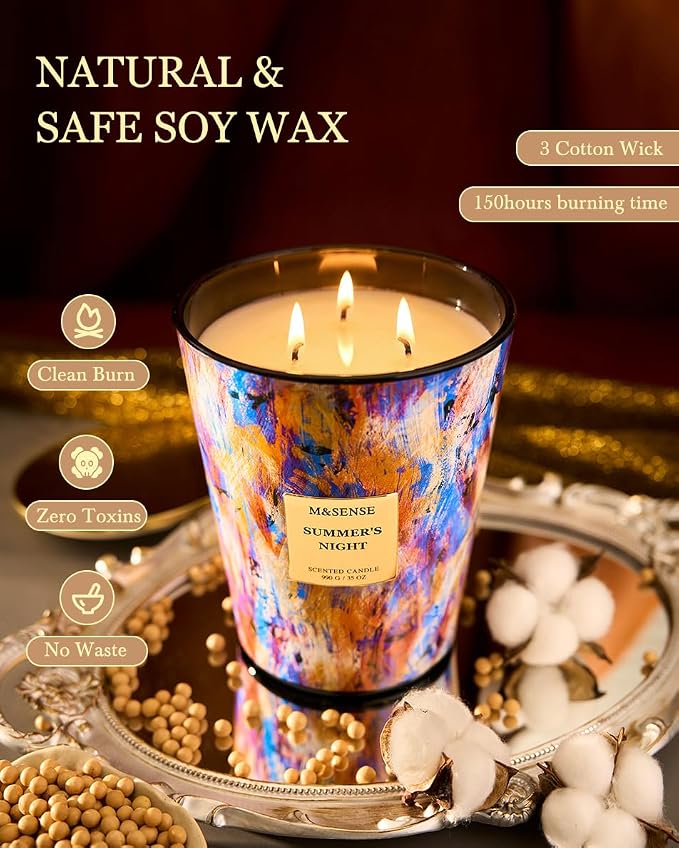 M&SENSE Summer Night Scented Soy Candle, 3-Wick 35oz | 150 Hours Burn Time, Non-Toxic, Calming Stress Relief, Home Scented Decor, Housewarming Gift