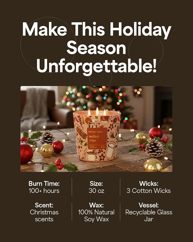 Hidden Label Mulled Wine Scented Candle for Home, 30oz Large 3 Wick Soy Candle, 100H Long Lasting, Cinnamon Orange Clove, Non-Toxic Clean Burn, Christmas Winter Gifts for Women, Holiday Gift