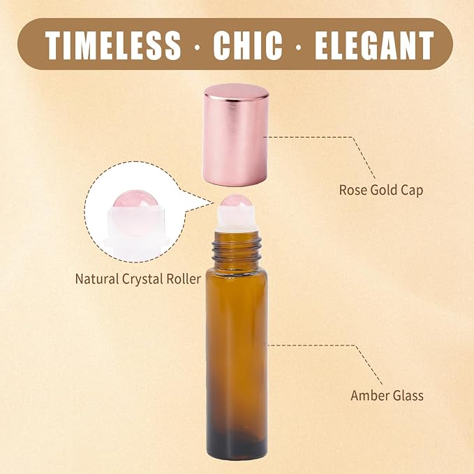 8 Pack 4 Types Roller Bottles for Essential Oils, 10ml Refillable Amber Glass Roll On Bottles with Natural Crystal Roller Balls, Leak-Proof Travel Perfume Bottle with exquisite Caps
