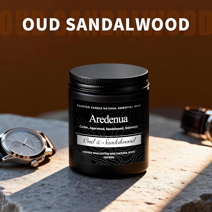 Oud & Sandalwood Candle for Meditation - Luxury Soy Candle for Home, Long Lasting Woody Aroma for Stress Relief & Calm, Hand Poured Scented Candle for Men & Women - Elegant Minimalist Home Decor