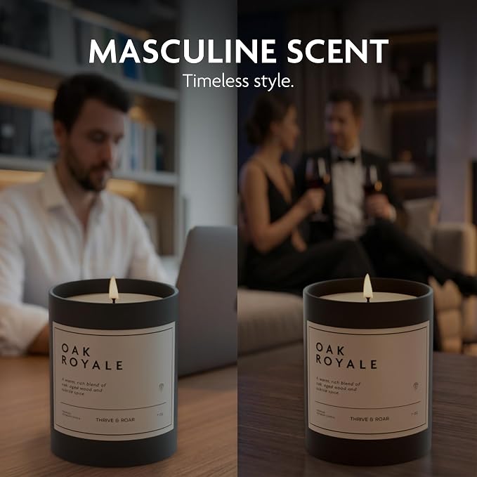 Thrive & Roar - Oak Royale Premium Scented Candle for Men – 7oz Long Lasting, Soy Wax Aromatherapy Candle for Home Scented, Masculine Aroma, Office Decor, Man Cave Decor, Men's Gift