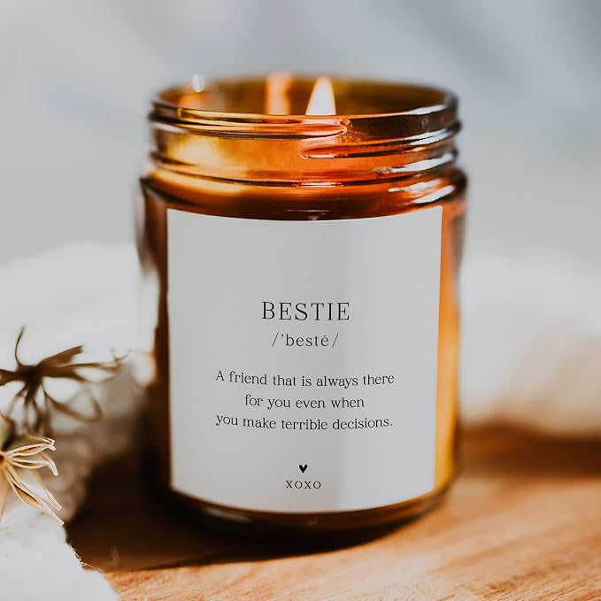 ThreeKin Bestie Candle Gift for Women. Unique Best-Friend Gifts, Lavender Handmade Scent 100% Soy Wax Perfect for Sister, Mom, Daughter, Best Friend, BFF Bday, 9oz Amber Jar, 65 Hour Burn
