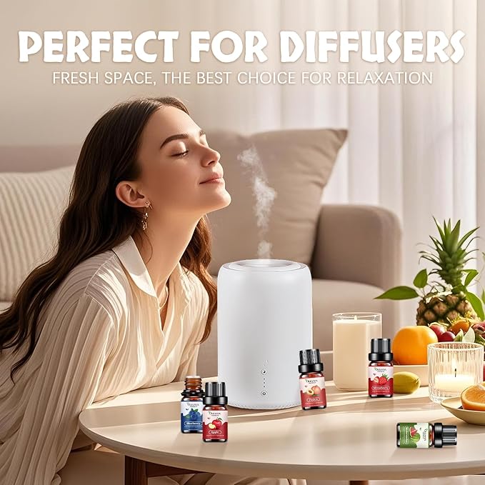 Fruity Essential Oils Gift Set, Premium Fragrance Oil for Candle & Soap Making, Coconut, Strawberry, Pineapple, Mango, Peach, Apple,10x5ml Fruit Aromatherapy Diffuser Oils for Home