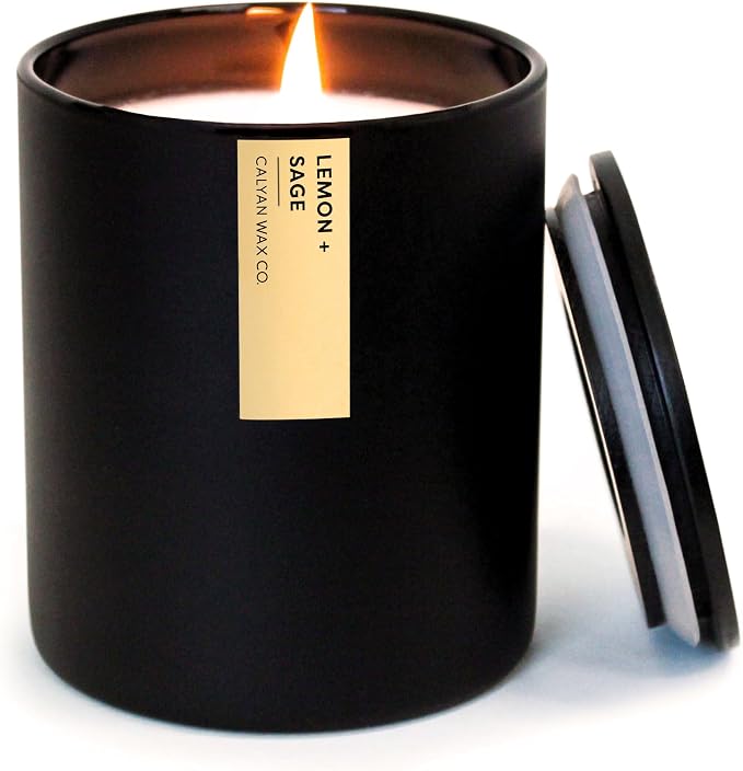 Calyan Wax Co. Lemon & Sage Scented Candle - 75 Hour Burn - Luxury Clean Soy Wax Candles - Long Lasting Black Tumbler Jar Candle for Home - 10.2oz