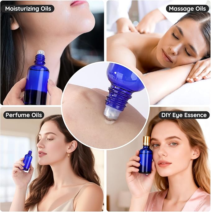Segbeauty 1.7oz Thick Glass Refillable Roller Ball Applicator for Oil, 5pcs Blue Perfume Roller Bottles for Essential Oils, 50ml Empty Roll On Bottle for Eye Essence, Glass Perfume Rollerball Bottles