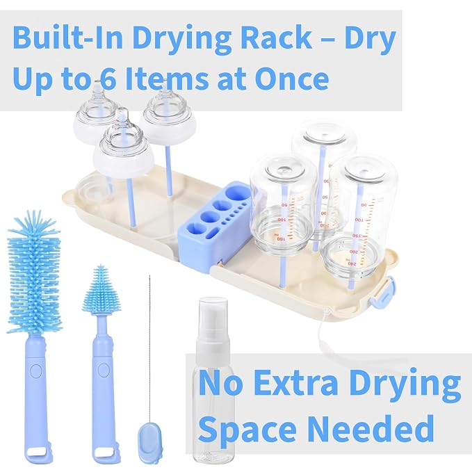 Travel Bottle Cleaner kit, 7in1 Baby Travel Gear Silicone Travel Bottle Brush Set Nipple Drying Rack, Straw Breast Pump Cleaning Soap Dispenser Organizer Case Mon Gift (Blue)