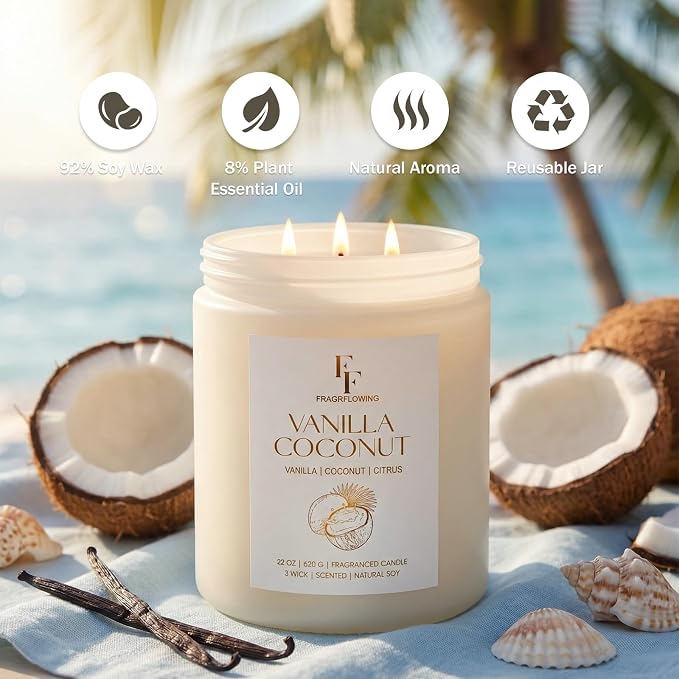 Vanilla Coconut Large Scented Candle, 3-Wick 22oz Long Lasting Scented Candle, Natural Soy Wax Aromatherapy Candle for Home, Candle Gifts for Women Men