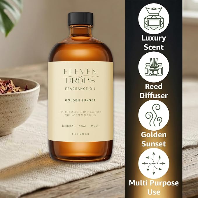 Golden Sunset Fragrance Oil | Jasmine, Lemon & Musk Notes | Long Lasting Scent Reed Diffuser Oil for Home, Office, Hotel, Spa, Car & Linen Spray | Pet Friendly IFRA Compliant, 16 oz