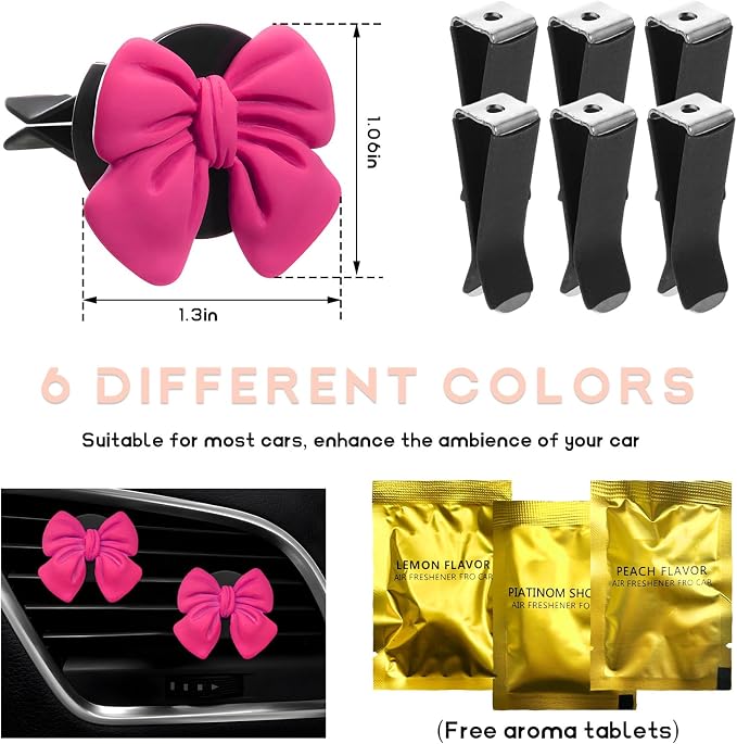 KVAEY 9 PCS Pink Bow Car Air Freshener, Automotive Cute Pink Bow Air Outlet Clips with Scent Pieces, Universal Coquette Car Air Vent Diffuser for Women and Girls (Rose Red)