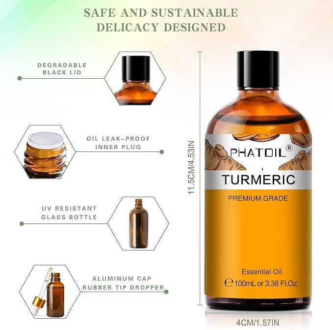 Turmeric 3.38fl.oz Essential Oil, PHATOIL Pure Aromatherapy Oils for Diffuser, Humidifier, Perfect for DIY Soap, Candle, Bath Bombs Making(100ml)