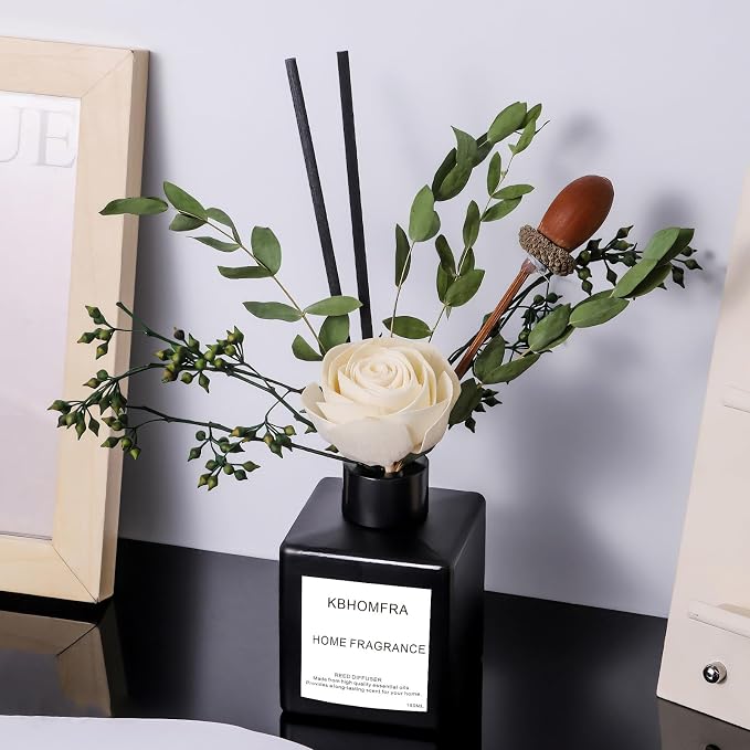 Reed Diffuser Set with Dried Flowers, Jasmine Gardenia Sandalwood Scent, Black Glass Bottle, 5.07fl oz, Aromatherapy Home Fragrance for Bedroom Bathroom (Pure White Gardenia)