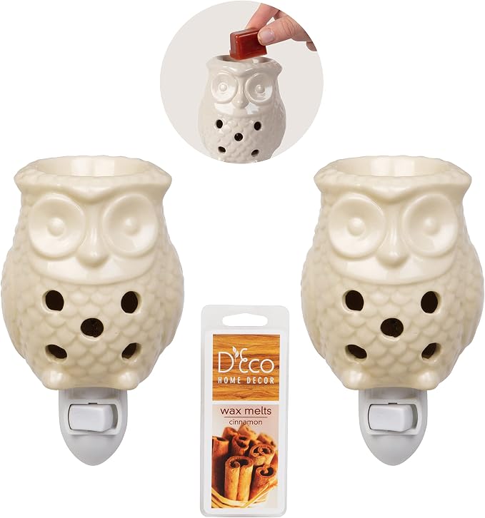 Owl Plug-in Fragrance Wax Melt Warmers (2Pk)- Electric Scented Candle Tart Warmer w 4 Cinnamon Cubes- Halogen Bulb Melts Wax & Fills Room w Fresh Scents & Night Light Glow- Holiday Xmas Must Have Gift