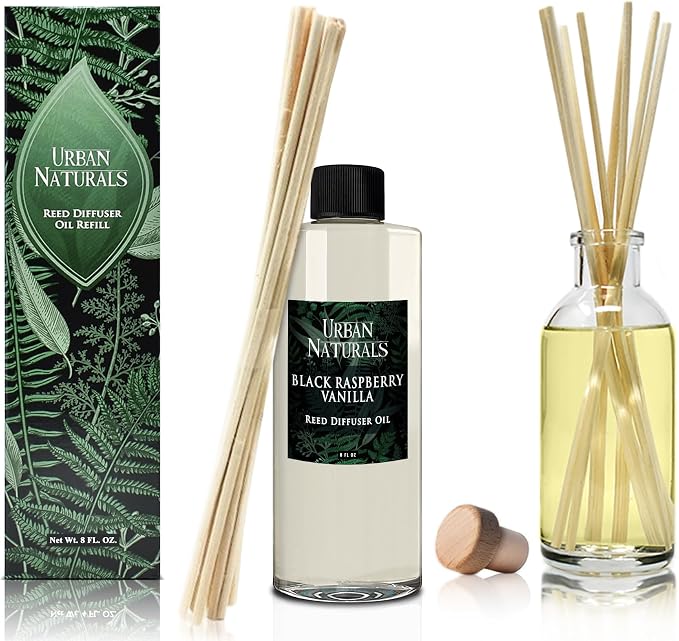 Urban Naturals Reed Diffuser Oil Refill Black Raspberry Vanilla with BlackBerry, Raspberry, Vanilla Orchid, Amber, Sandalwood 8 oz + Free Reed Sticks, Made in the USA
