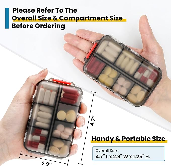 14 GRIDS Travel Pill Organizer Box with Labels - Travel Medicine Case Kit - Pocket Daily Pharmacy Container - Travel Medication Holder Dispenser for Fish Oil Vitamin Supplement Storage - Clear Gray