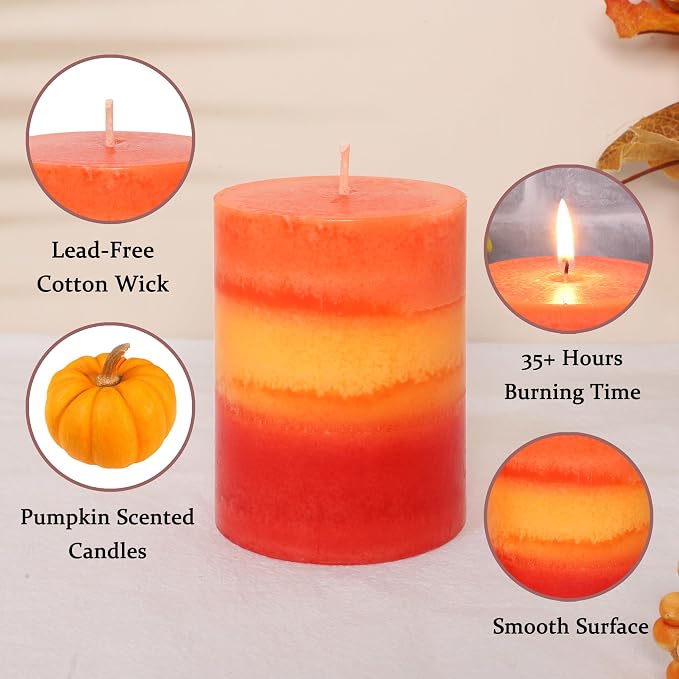 3×4 Inch Orange Pillar Candles, Pumpkin Scented Candles - 35+ Hour Long Lasting Clean Burning, Fall Harvest Celebration Aromatherapy Candles for Thanksgiving Day Dinner Table Décor, Set of 3