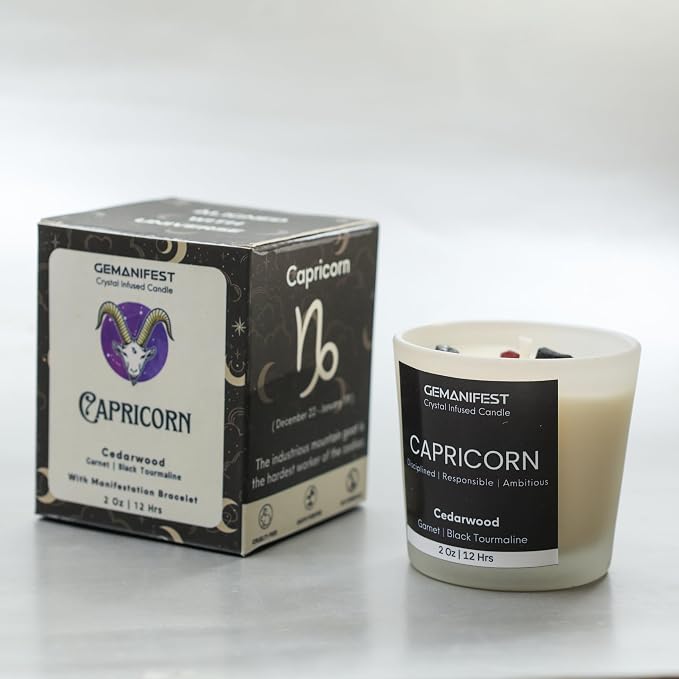 Capricorn Zodiac Candle Astrology Gifts for Women and Men with Capricorn Bracelet Cedarwood Candle with Healing Crystals Birthday Birthstone Manifestation Gifts