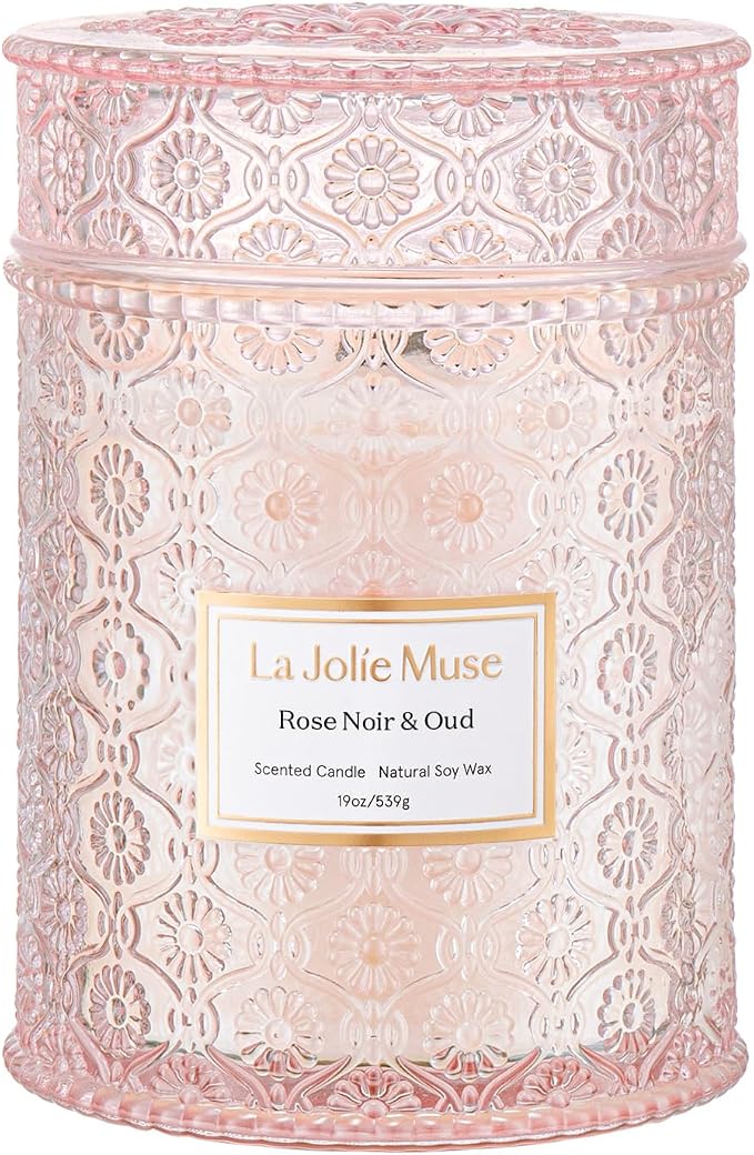 LA JOLIE MUSE Rose Noir & Oud Scented Candles for Home, 19 oz Natural Soy | Large Jar Luxury Candle, Floral Pink Candles, Clean Non Toxic, Decorative Candle Gifts for Women, Wood Wick, Sandalwood Rose