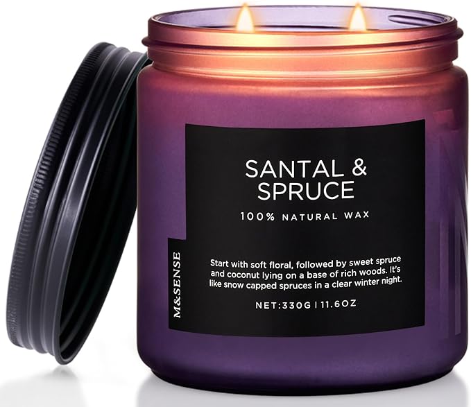 M&SENSE Santal Spruce Scented Candle, 11.6oz 70 Hours Burn Non Toxic Natural Soy Wax, 2 Cotton Wick Candle for Winter Holiday Housewarming Gifts for Family Friends Teachers