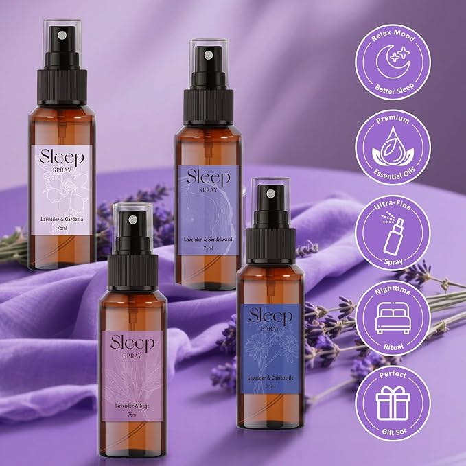 STRN Sleep Spray, Lavender Essential Oil Mist, Sleep Spray for Pillows, 4 Lavender Scented - Gardenia, Chamomile, Sandalwood, Sage, Sweet Dream Fragrance, 75 ML x 4 Packs