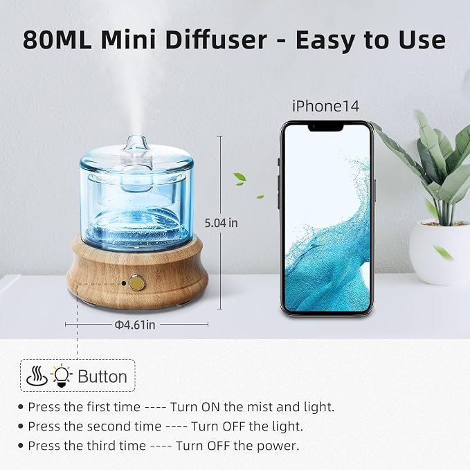 Lecdura Glass Essential Oil Diffuser, 80ML Small Glass Reservoir Natural Wood Base Ultrasonic Cool Mist Aroma Diffusers with USB-Cord Auto-Off 7 Color Light for Home Office Bedroom