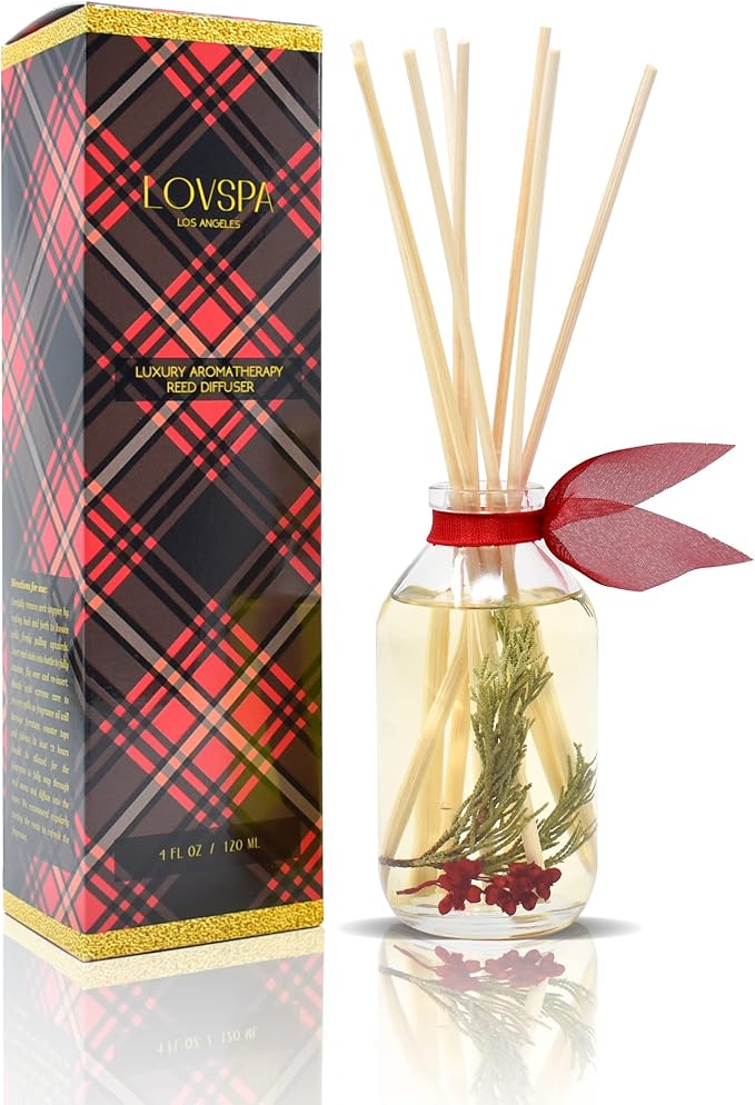 Joy Winterberry Spruce Reed Diffuser Set, Room Fragrance, Spa Scent | Evergreen, crisp berries, and subtle spices profile, bathroom decor, decorative glass bottle, home aroma, entryway