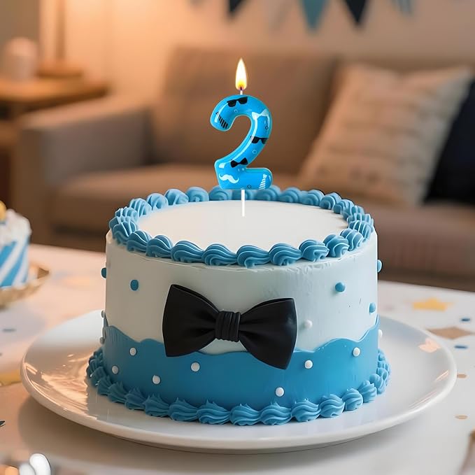 Number 2 Birthday Candle for Cake – Blue Gentleman Style with Sunglasses, Bow Tie & Mustache Design – Cool Cake Topper for Birthday Party Decoration