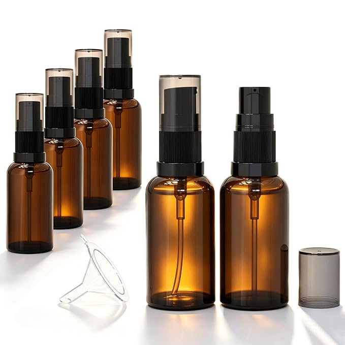 6 Pack Empty Travel Refillable Glass Pump Bottles Dispener 30ml/1oz, Amber Small Cosmetic Containers for Lotion,Cream,Essential Oil,Shampoo,Sercums (30ml Amber 6pcs)