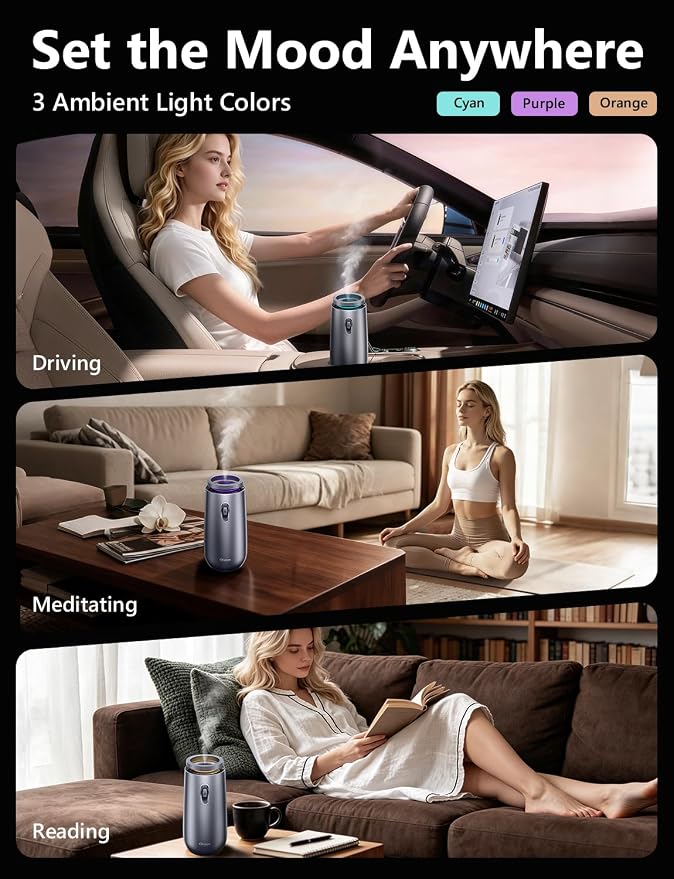 Waterless Essential Oil Diffuser with 20ml Oil, Battery Operated, Portable | Oil-Saving Design | Smart Memory | Aluminum | 3 Mist Levels | 3 Ambient Light Modes | Ultra Quiet | for Home Office Car