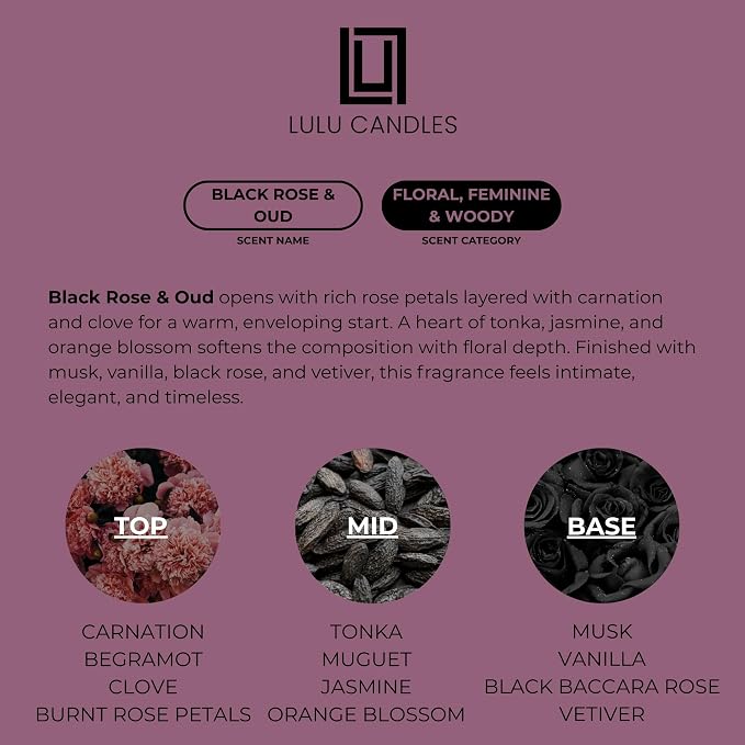 Lulu Candles | Black Rose & Oud | Smells Floral and Smokey | Luxury Scented Soy Jar Candle | Hand Poured in The USA | Highly Scented Long Lasting (9 Oz.)