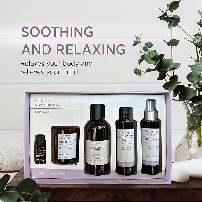 Pecksniff's Fragrance Gift Sets Luxurious, Handcrafted in England (Aroma:Therapy Deep-Sleep: Bath Soak, Candle, Pillow Spray, Massage Oil)