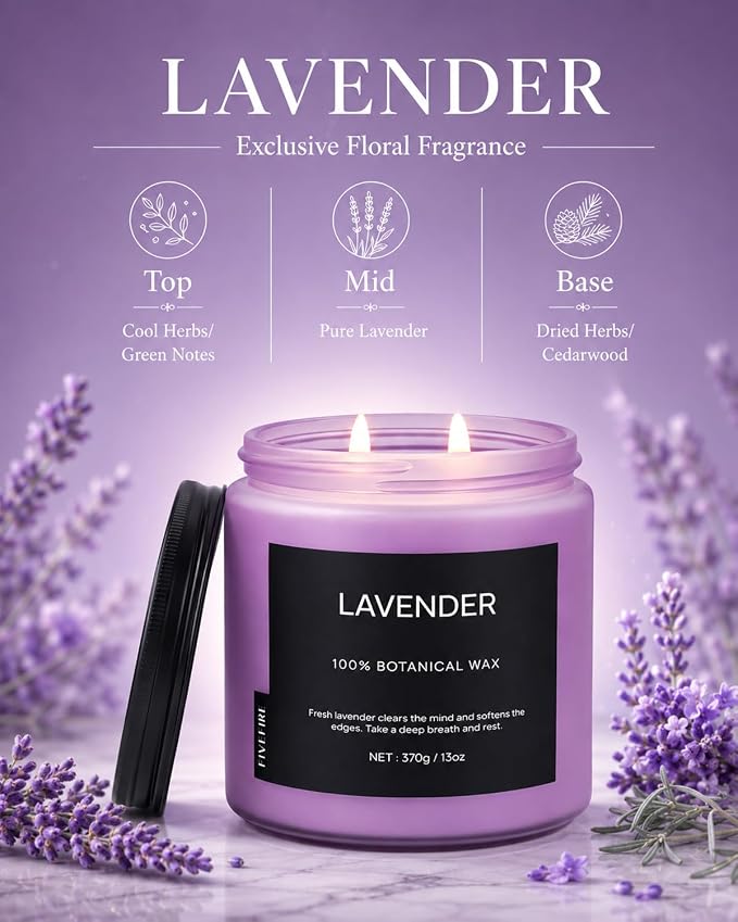 Lavender Scented Candle for Bedroom, 13oz Soy Wax Candle, 2-Wick Frosted Glass Jar, 70–80 Hour Burn Time, Calming Home Fragrance for Relaxation, Self Care Gifts for Women