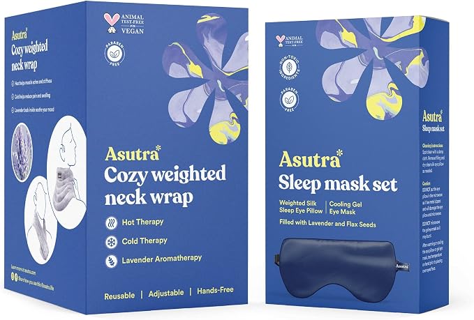 ASUTRA Navy Silk Eye Pillow and Plush Gray Weighted Neck Wrap Bundle Set, 2 Products - Weighted Eye Mask Filled w/Lavender & Flax Seeds, Hands-Free Microwaveable Heat Pad and Cooling Neck Wrap