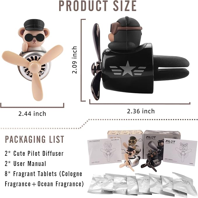 2pcs Car Air Fresheners Cute Cartoon Bear Pilot Automotive Air Outlet Propeller Car Diffuser Creative Car Perfume Decoration for Car Vent Clips for Women Men with 8 Fragrant Tablets(Bear + Teddy Bear)