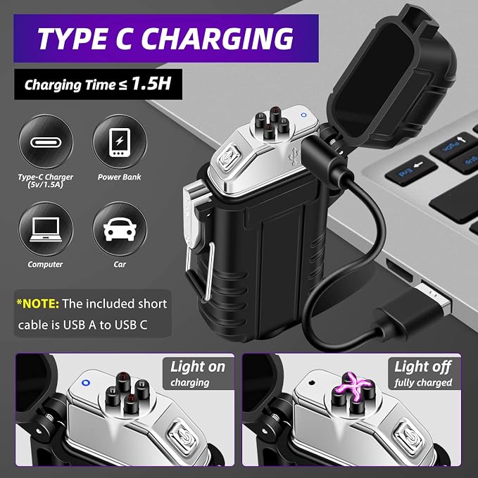 LcFun Waterproof Electric Dual Arc Lighter USB Type C Rechargeable Windproof Flameless Plasma Lighters with Flashlight for Camping, Hiking, Outdoor Survival, Tactical Gear Gifts for Men