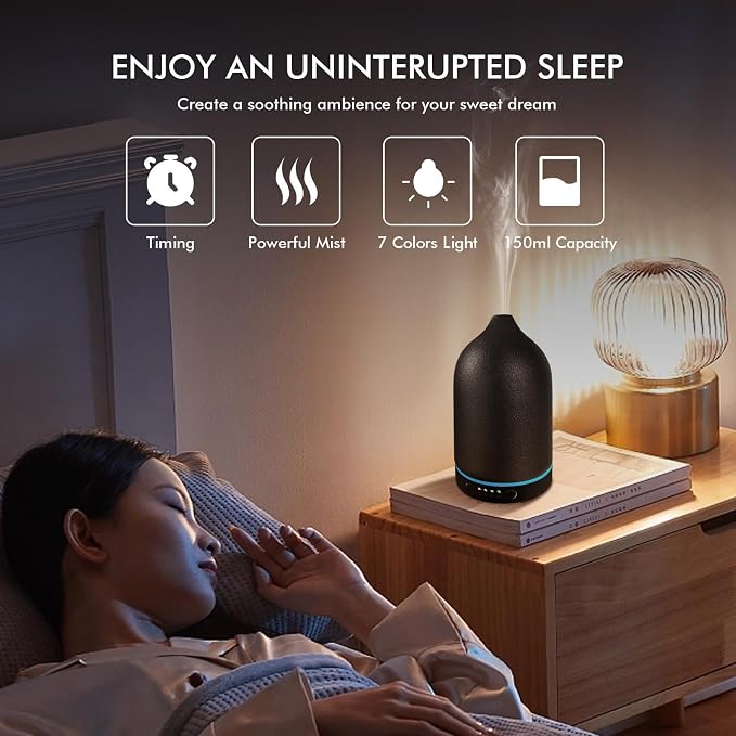 Essential Oil Diffuser Diffuser -Aromatherapy Diffuser for Essential Oils with Timer and 7 Colors LED Light Ultrasonic Diffuser with Auto Shut-Off, Home Office Decor&Gift (Black-150ml)