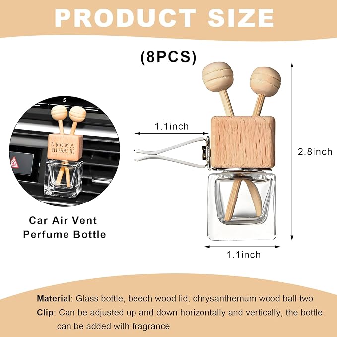 KVAEY 2PCS Car Diffuser Air Freshener Bottle, Refillable Empty Glass Perfume Bottles with Vent Clip, Universal Essential Oil Diffuser for Most Vehicles, Interior Car Accessories (8PCS, Word)