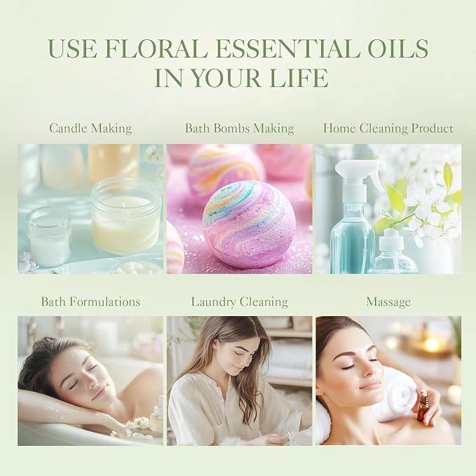 Auelife Floral Essential Oils Set - Mother's Day & Birthsday Gift, 6x10ml Rose, Jasmine, Lavender, Gardenia Pure Fragrance Oils for Diffuser, Candle Making, DIY Bath Bomb, Romantic Home Aromatherapy