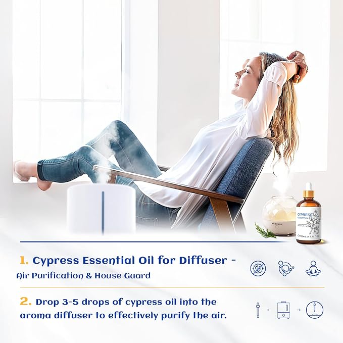 HIQILI 100ML Cypress Essential Oil for Diffuser, Skin Care, Includes 10ML Travel Bottle - 3.38 Fl Oz