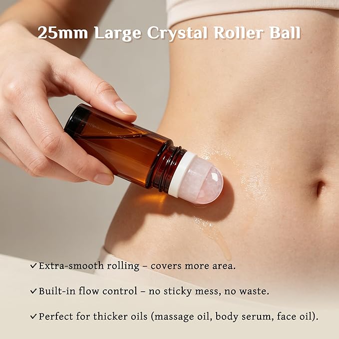 PrettyCare Rose Quartz Roller Bottle for Castor Oil – 50ml Refillable Amber Glass Roll On Bottle with Natural Rose Quartz Roller Ball, Leak-Proof Roller Ball Applicator for Essential Oils, Perfume
