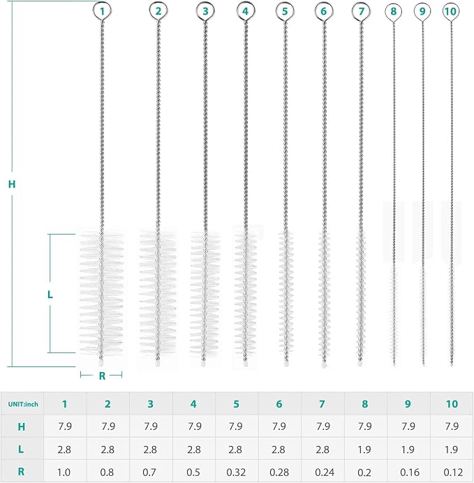CiaraQ Bottle Cleaning Brushes, 8 Inch Nylon Tube Brush Set, Cleaner for Narrow Neck Bottles Cups with Hook, Set of 10pcs.