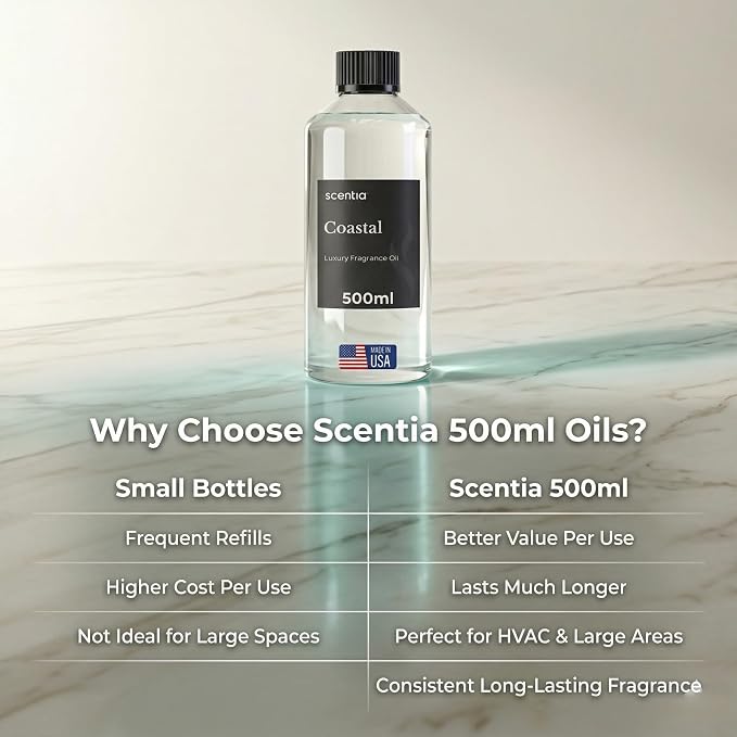 Scentia Coastal (Cabana) Diffuser Oil for HVAC Scent Machine – Hotel Fragrance Inspired by 5-Star Spa – 500 mL – Jasmine, Bergamot & Sea Breeze Oil for Commercial & Cold Air Diffusers, Made in USA